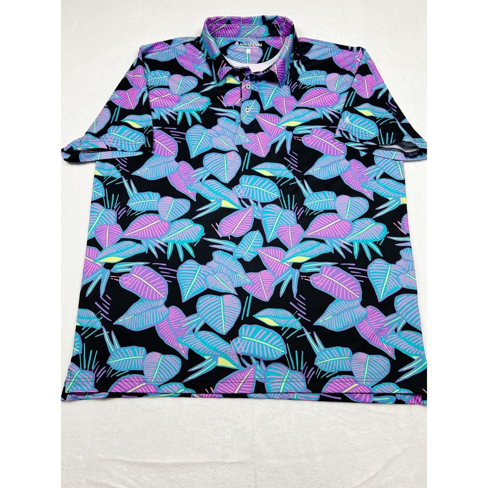 Chubbies Mens XXL Performance Polo Shirt Neon Tropical Leaf Print Black Purple - Picture 2 of 8